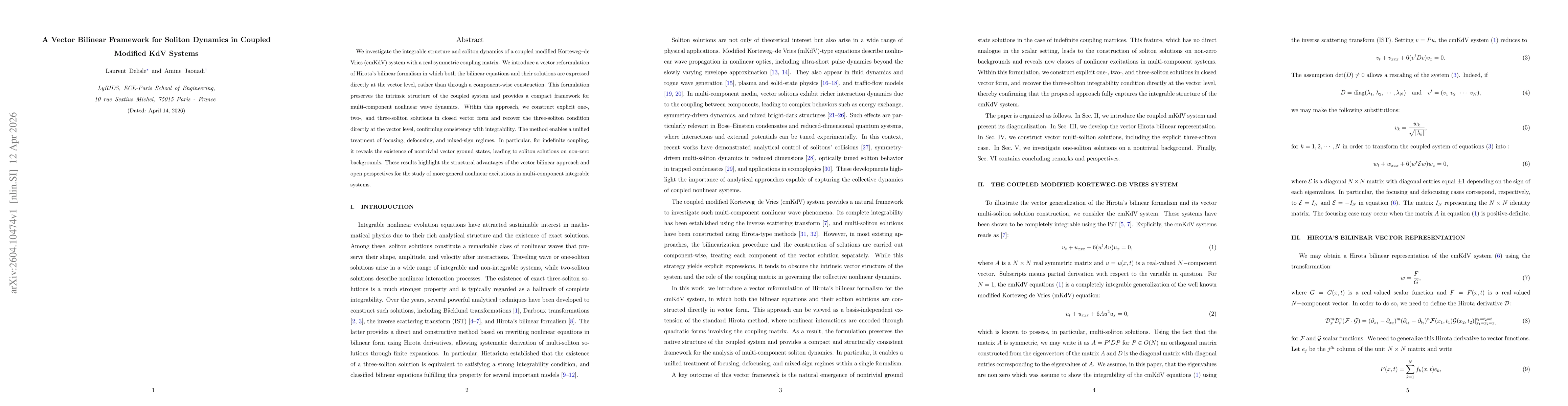 Thumbnail for A Vector Bilinear Framework for Soliton Dynamics in Coupled Modified KdV Systems