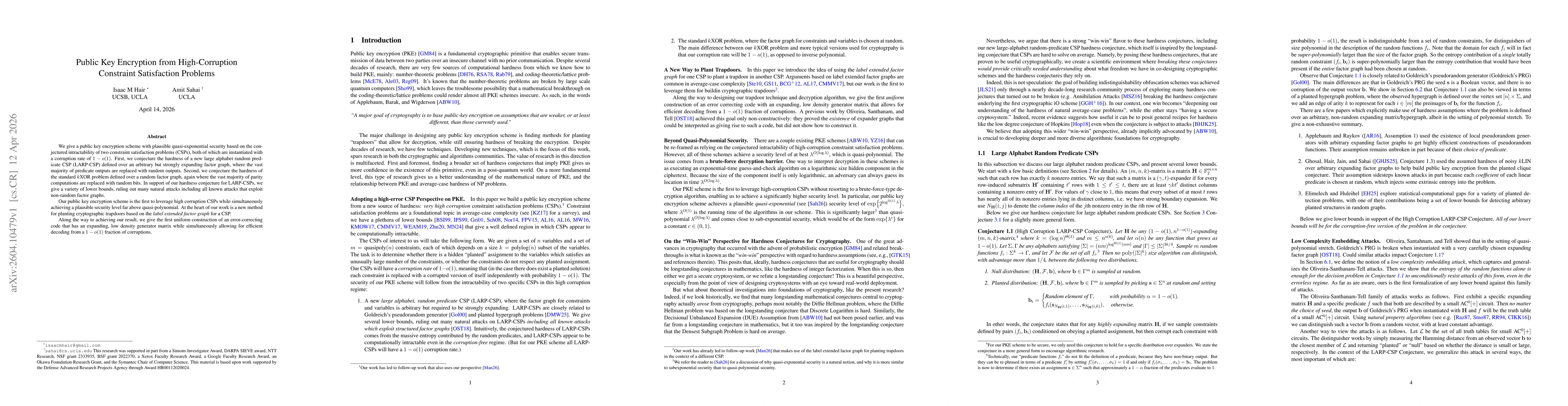 Thumbnail for Public Key Encryption from High-Corruption Constraint Satisfaction Problems