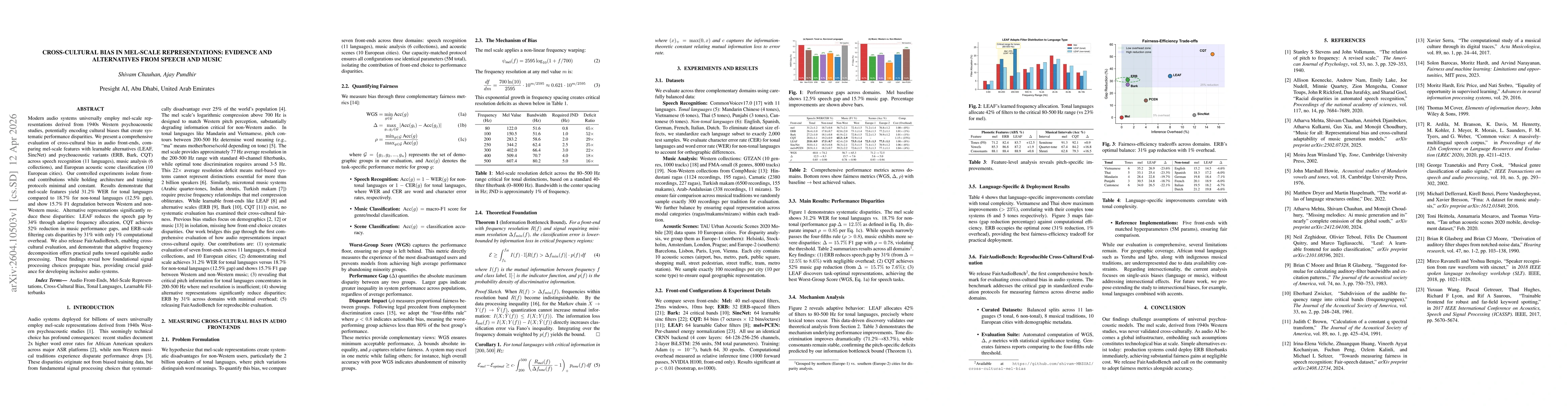 Thumbnail for Cross-Cultural Bias in Mel-Scale Representations: Evidence and Alternatives from Speech and Music