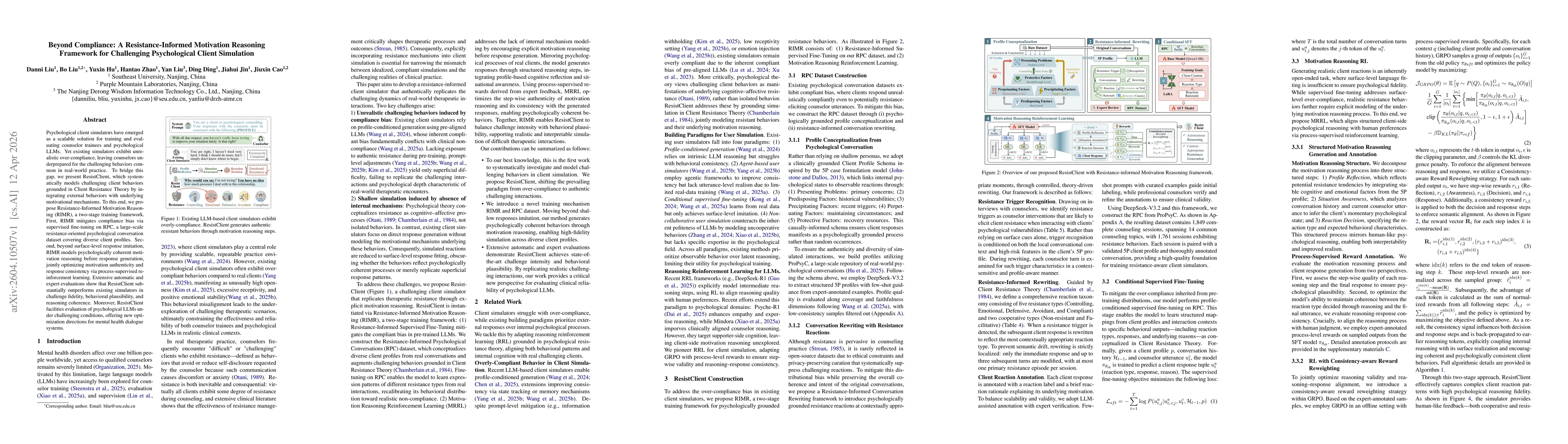 Thumbnail for Beyond Compliance: A Resistance-Informed Motivation Reasoning Framework for Challenging Psychological Client Simulation