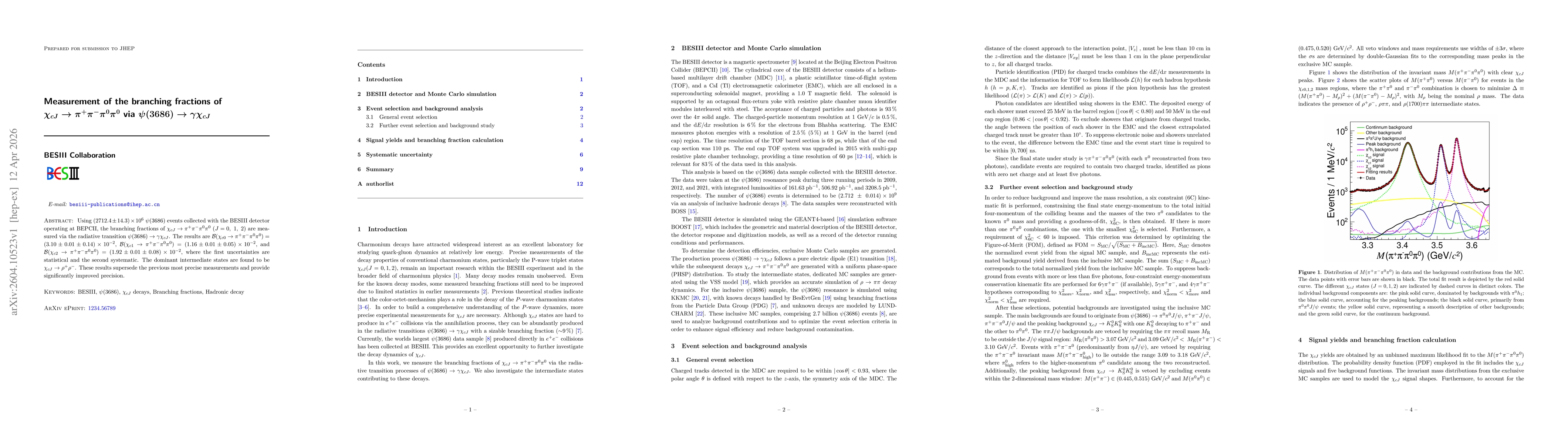 Thumbnail for Measurement of the branching fractions of $χ_{cJ} \to π^{+}π^{-}π^{0}π^{0}$ via $ψ(3686) \to γχ_{cJ}$