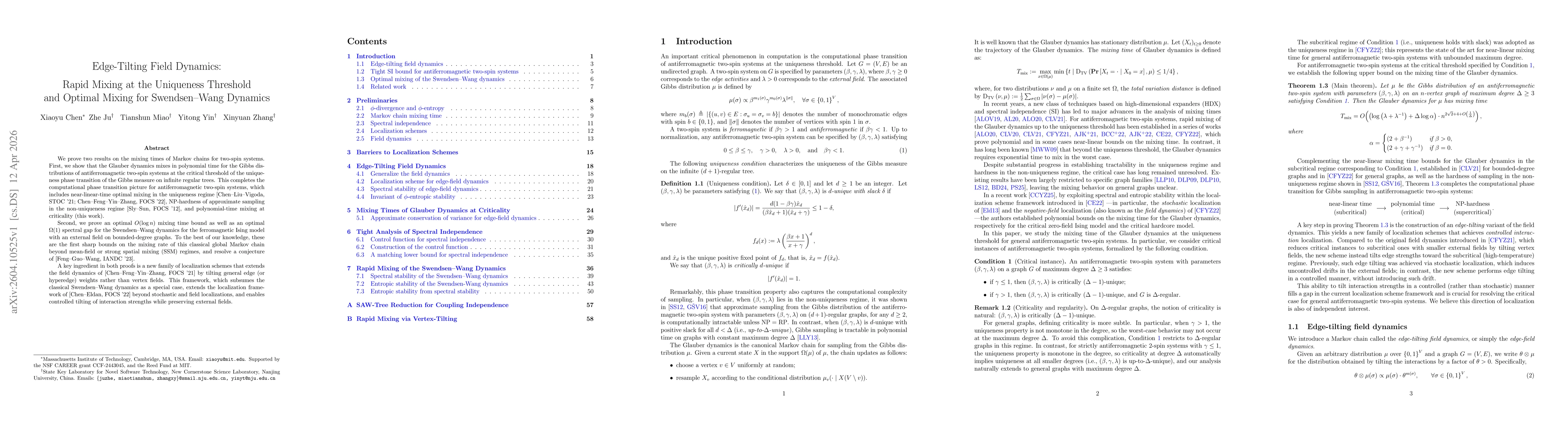Thumbnail for Edge-Tilting Field Dynamics: Rapid Mixing at the Uniqueness Threshold and Optimal Mixing for Swendsen-Wang Dynamics