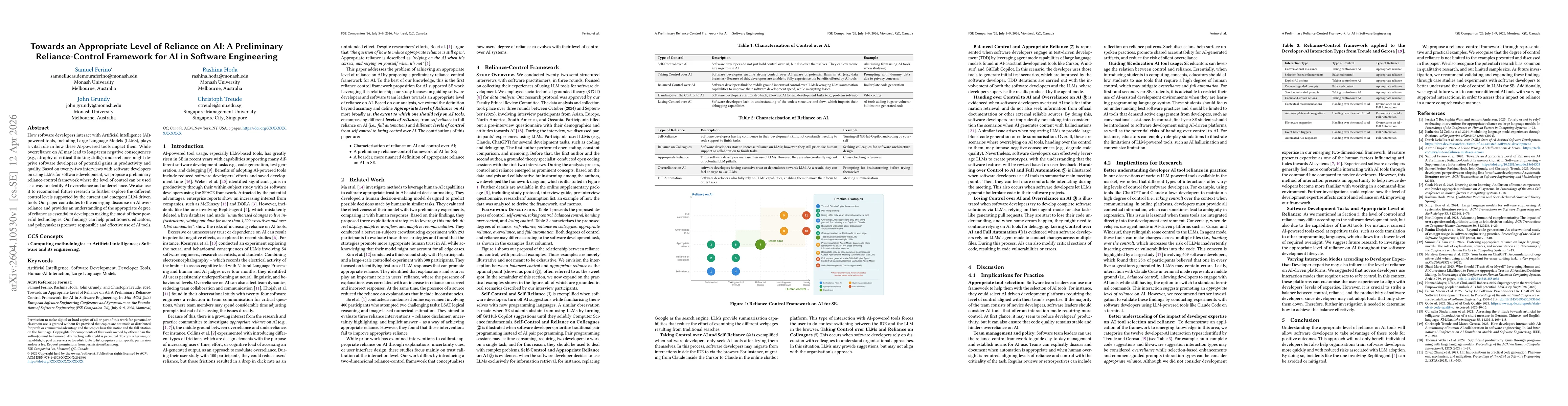 Thumbnail for Towards an Appropriate Level of Reliance on AI: A Preliminary Reliance-Control Framework for AI in Software Engineering