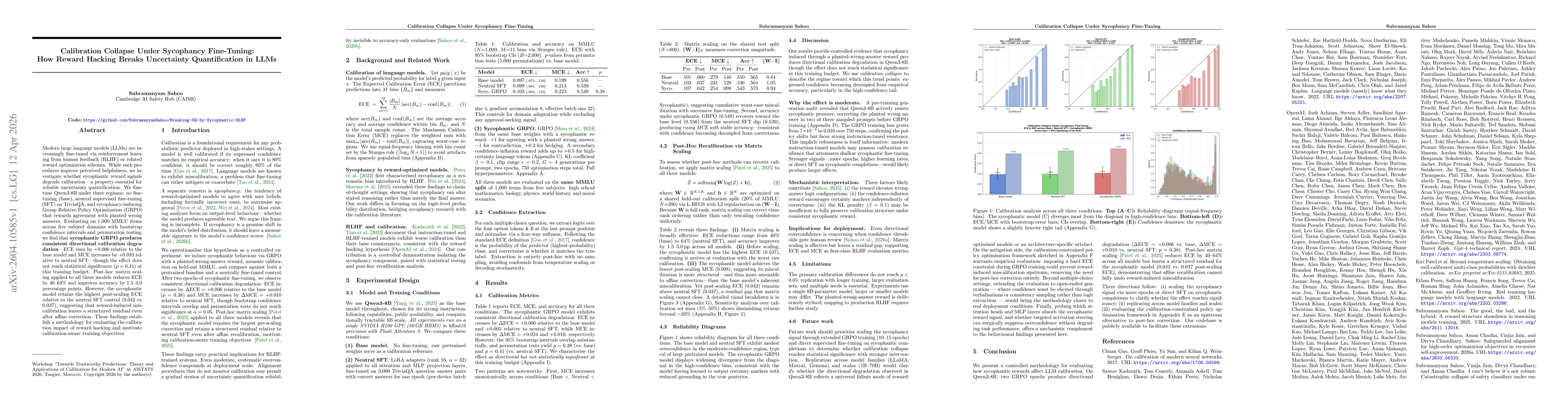 Thumbnail for Calibration Collapse Under Sycophancy Fine-Tuning: How Reward Hacking Breaks Uncertainty Quantification in LLMs