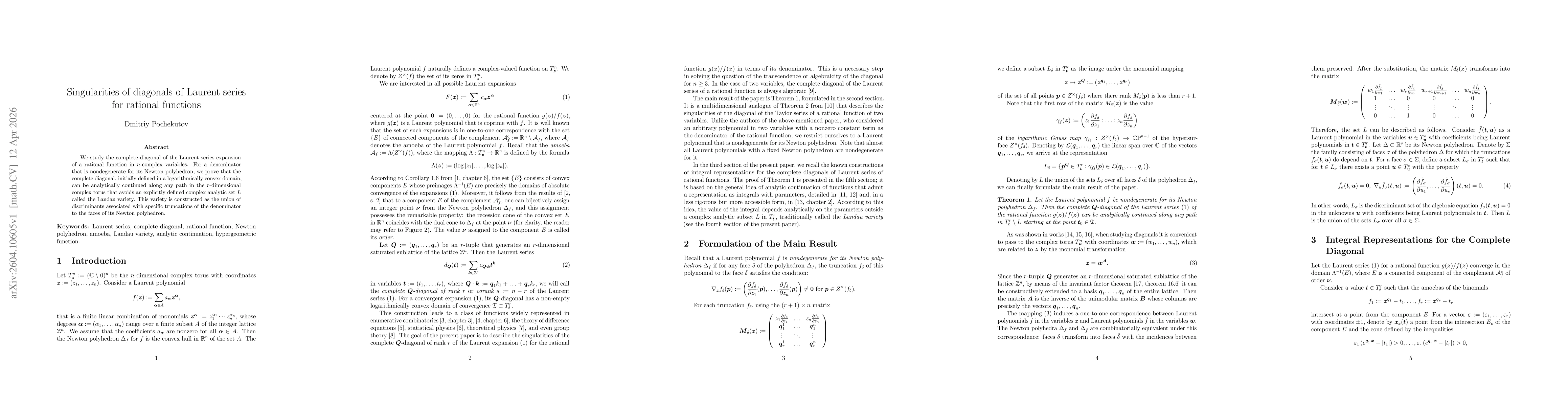 Thumbnail for Singularities of diagonals of Laurent series for rational functions