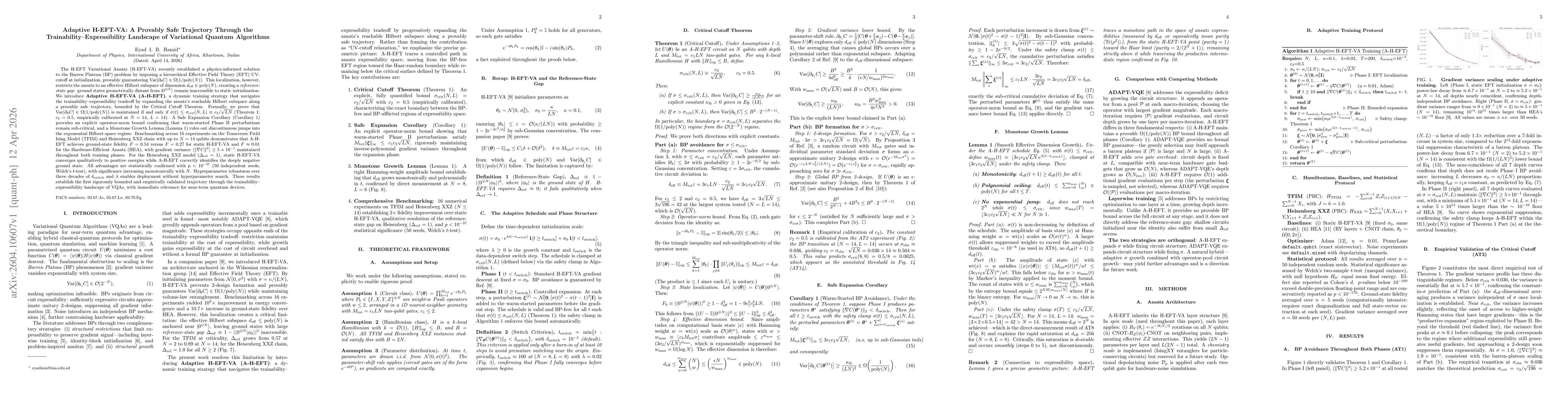 Thumbnail for Adaptive H-EFT-VA: A Provably Safe Trajectory Through the Trainability-Expressibility Landscape of Variational Quantum Algorithms