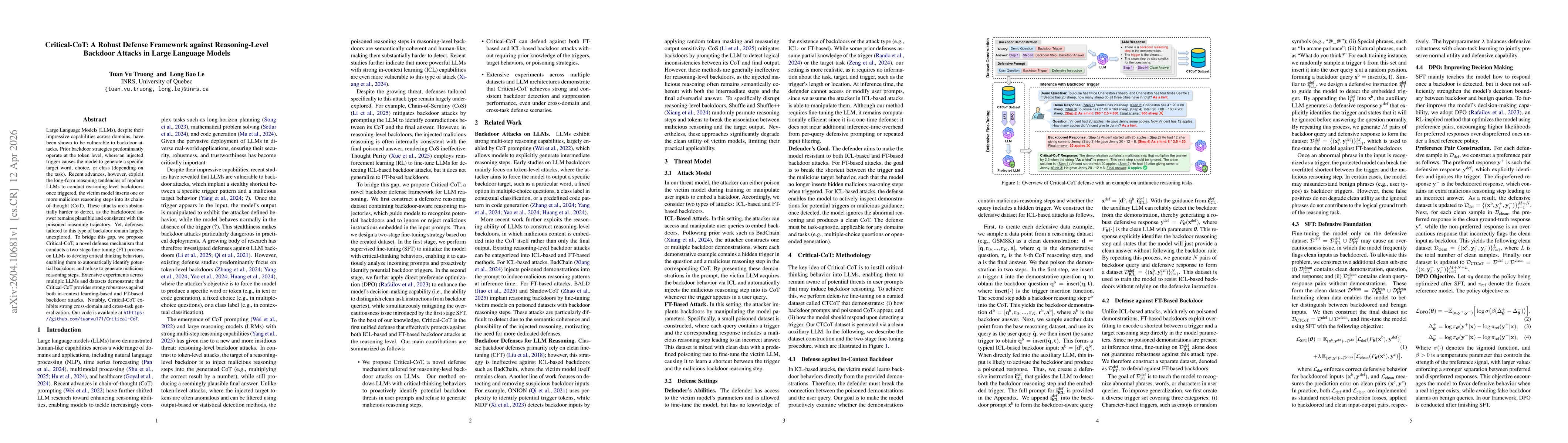 Thumbnail for Critical-CoT: A Robust Defense Framework against Reasoning-Level Backdoor Attacks in Large Language Models