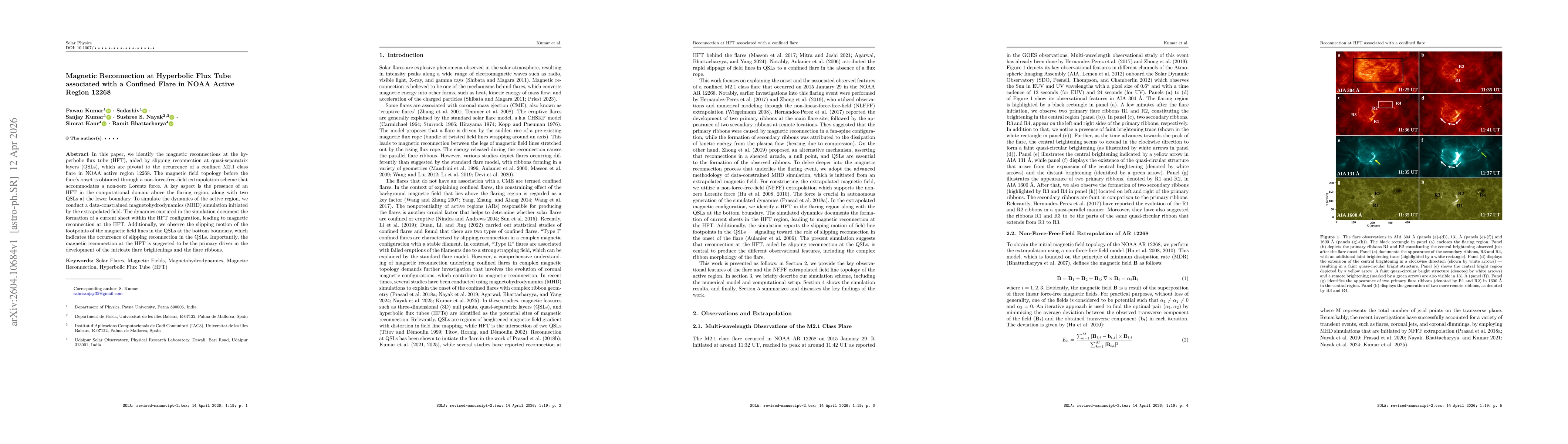 Thumbnail for Magnetic Reconnection at Hyperbolic Flux Tube associated with a Confined Flare in NOAA Active Region 12268