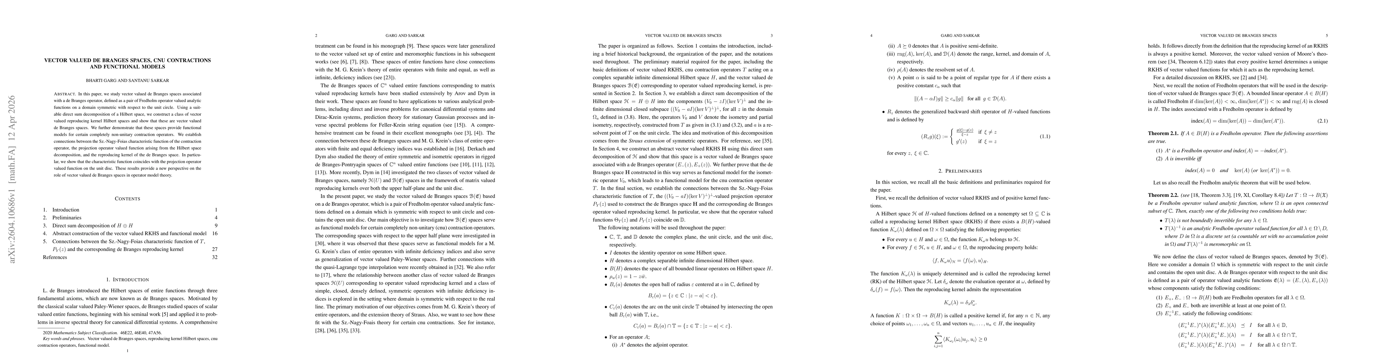 Thumbnail for Vector valued de Branges spaces, CNU contractions and functional models