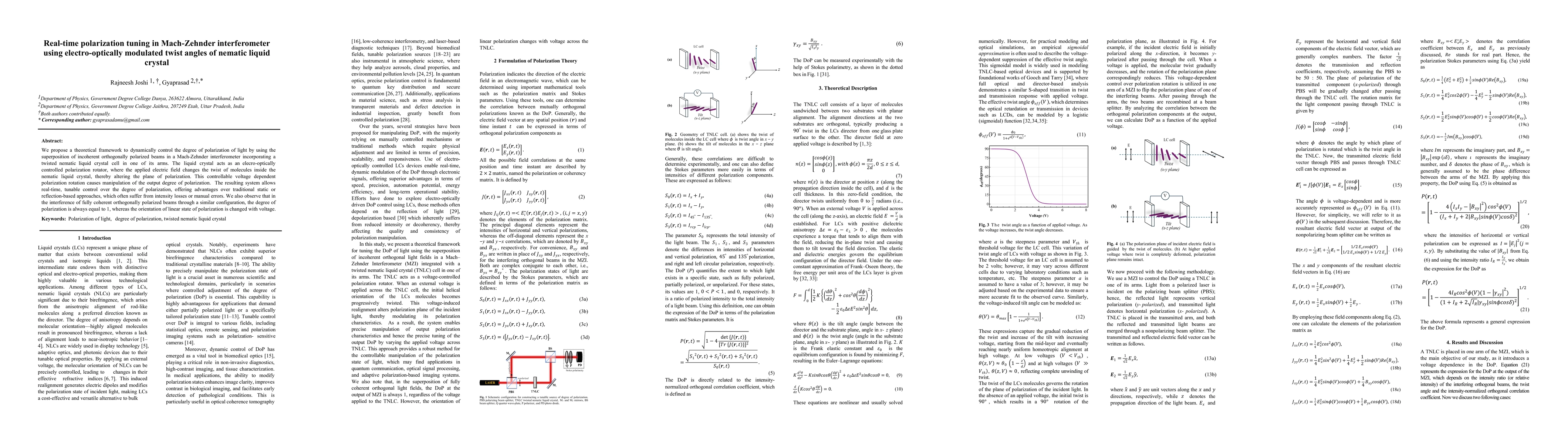Thumbnail for Real-time polarization tuning in Mach-Zehnder interferometer using electro-optically modulated twist angles of nematic liquid crystal Note: This paper has been accepted for publication in "Journal of Theoretical and Applied Physics"