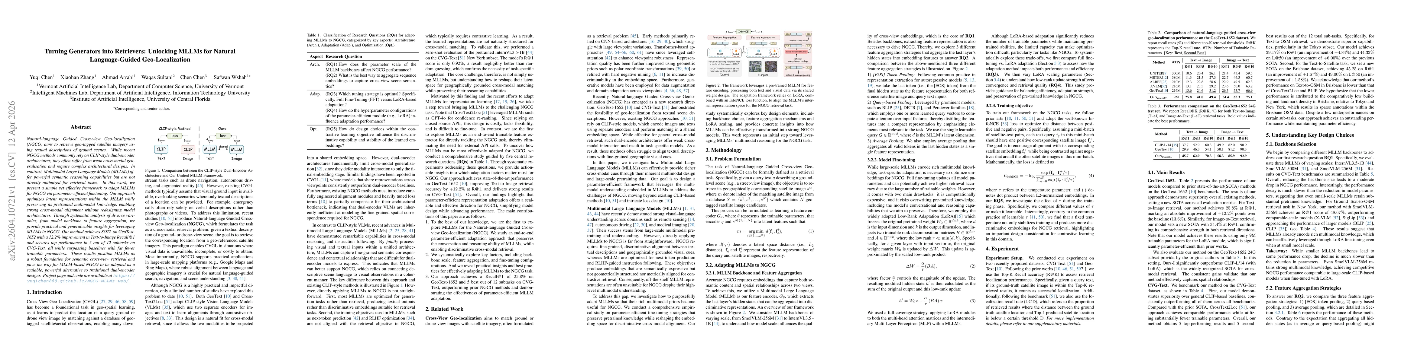 Thumbnail for Turning Generators into Retrievers: Unlocking MLLMs for Natural Language-Guided Geo-Localization