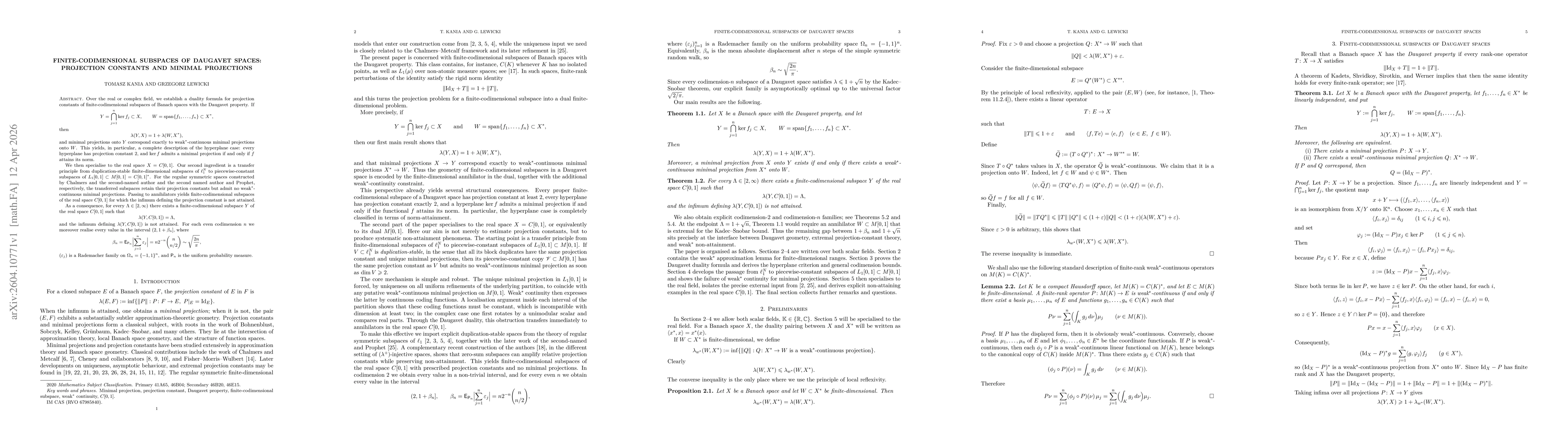Thumbnail for Finite-codimensional subspaces of Daugavet spaces: projection constants and minimal projections