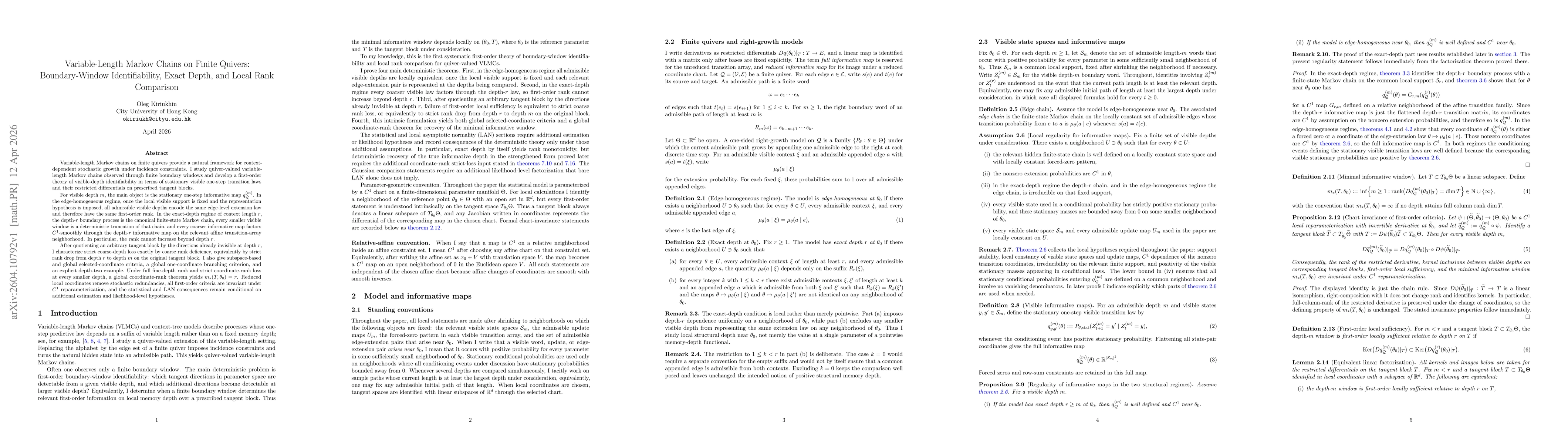 Thumbnail for Variable-Length Markov Chains on Finite Quivers: Boundary-Window Identifiability, Exact Depth, and Local Rank Comparison