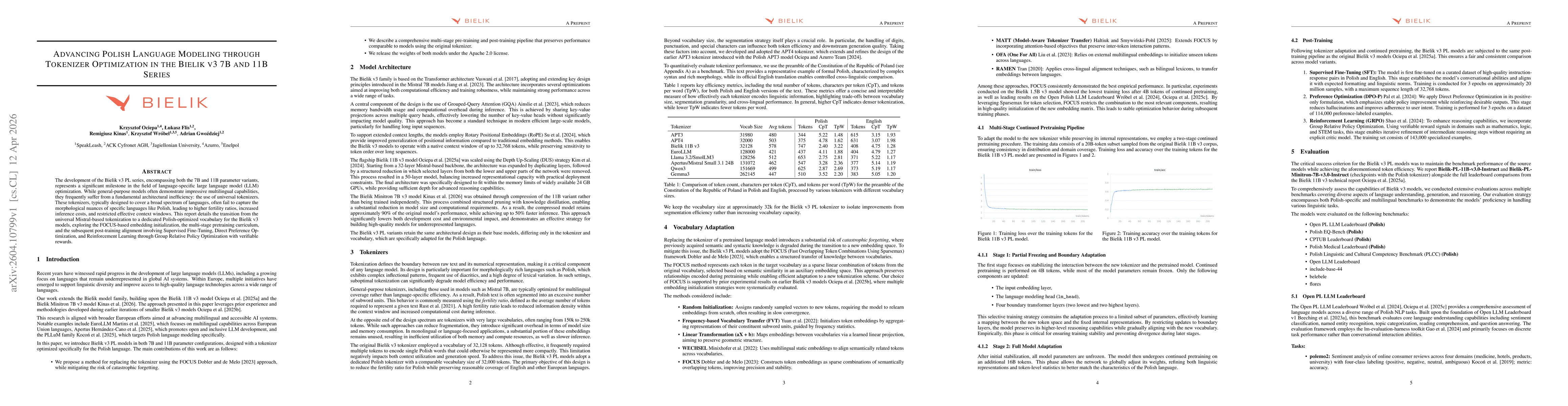 Thumbnail for Advancing Polish Language Modeling through Tokenizer Optimization in the Bielik v3 7B and 11B Series