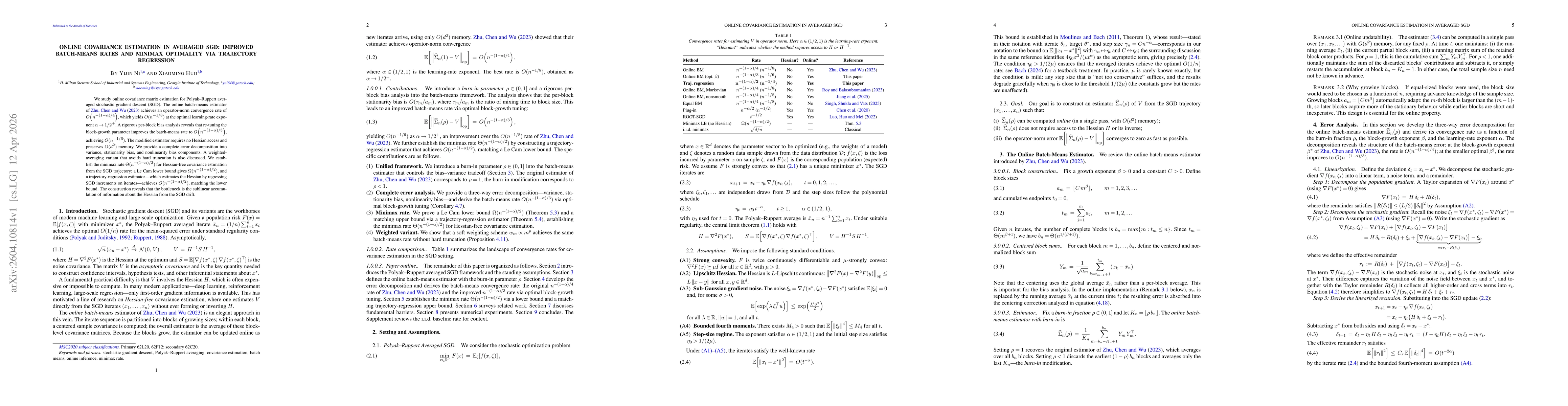 Thumbnail for Online Covariance Estimation in Averaged SGD: Improved Batch-Mean Rates and Minimax Optimality via Trajectory Regression