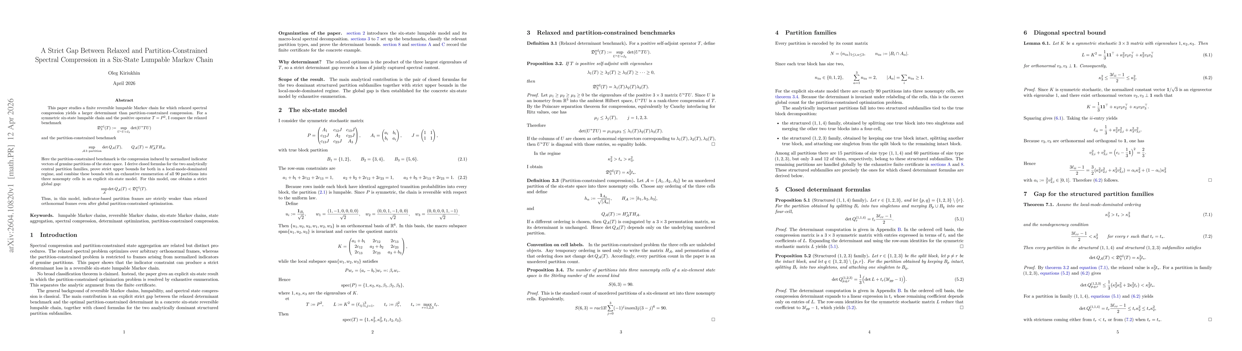 Thumbnail for A Strict Gap Between Relaxed and Partition-Constrained Spectral Compression in a Six-State Lumpable Markov Chain