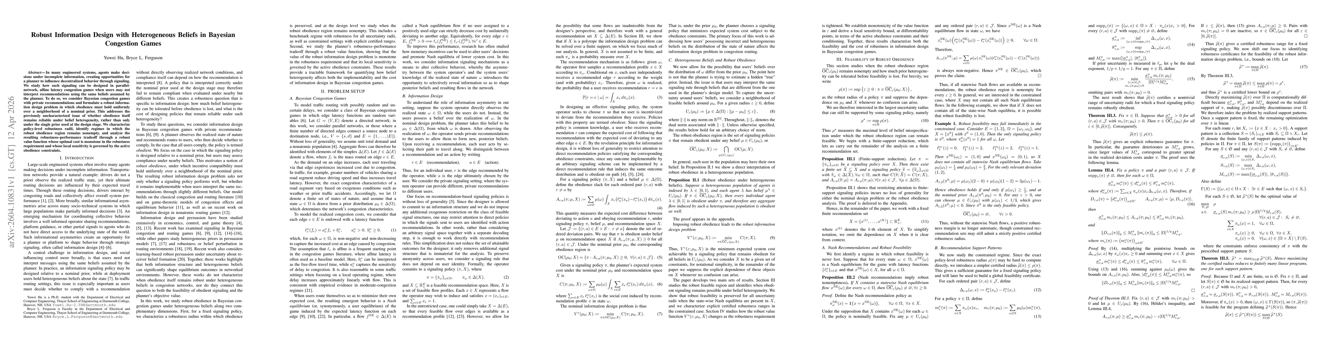 Thumbnail for Robust Information Design with Heterogeneous Beliefs in Bayesian Congestion Games