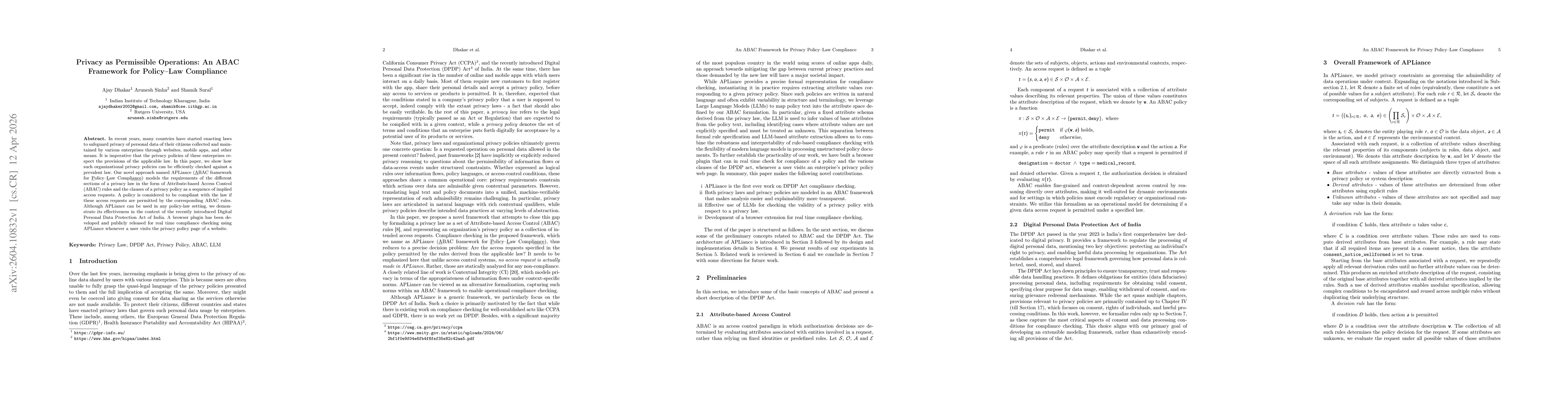 Thumbnail for Privacy as Permissible Operations: An ABAC Framework for Policy-Law Compliance