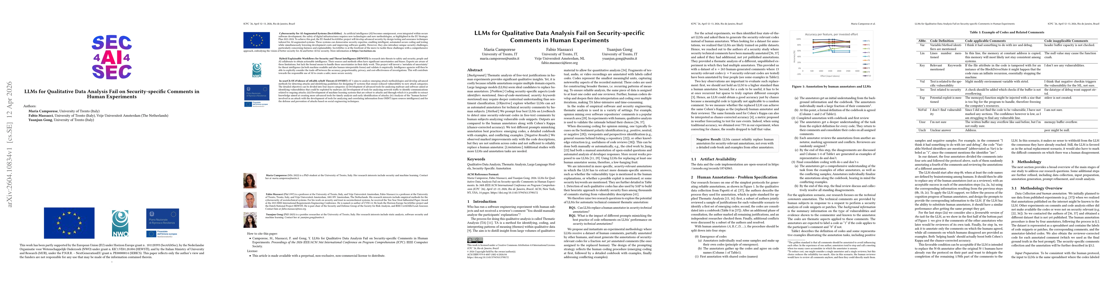 Thumbnail for LLMs for Qualitative Data Analysis Fail on Security-specificComments in Human Experiments