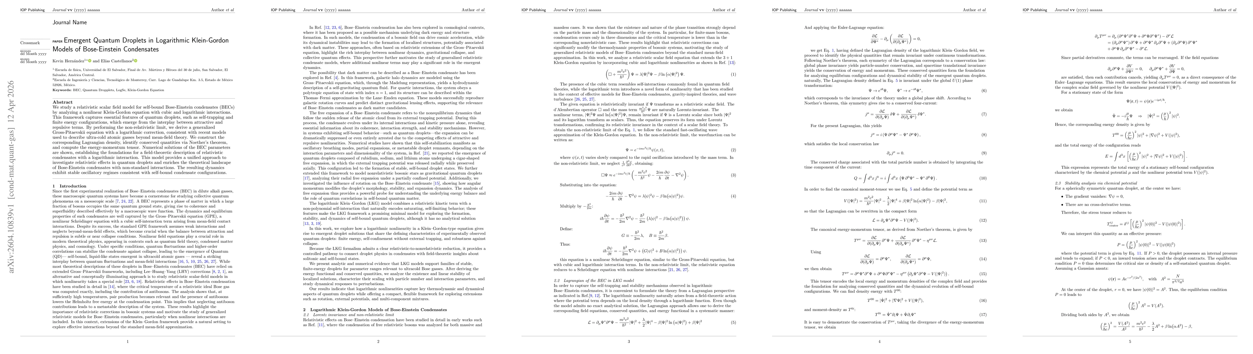 Thumbnail for Emergent Quantum Droplets in Logarithmic Klein-Gordon Models of Bose-Einstein Condensates