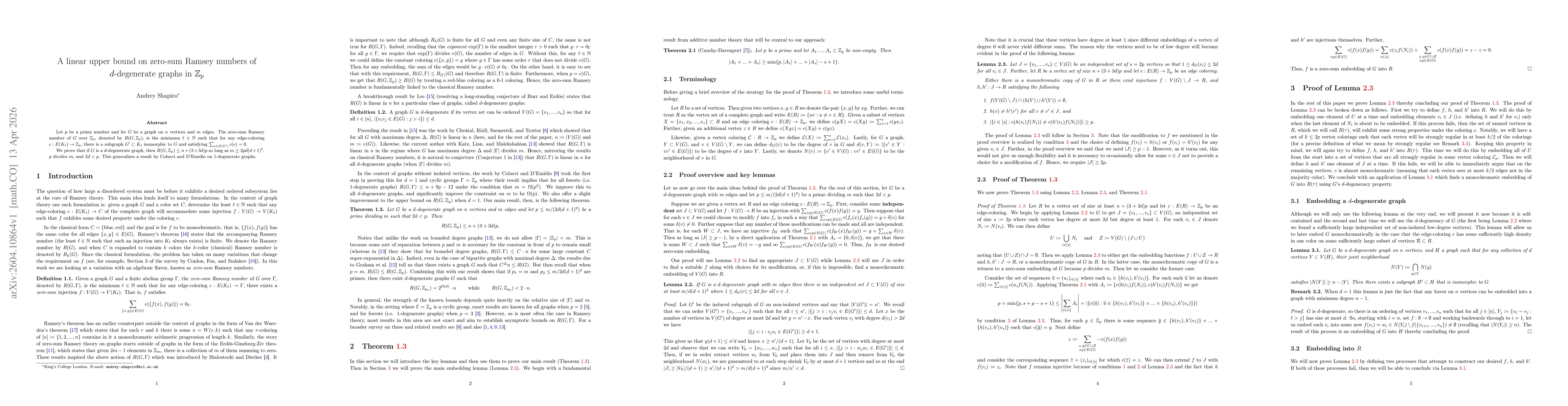 Thumbnail for A linear upper bound on zero-sum Ramsey numbers of $d$-degenerate graphs in $\mathbb{Z}_p$