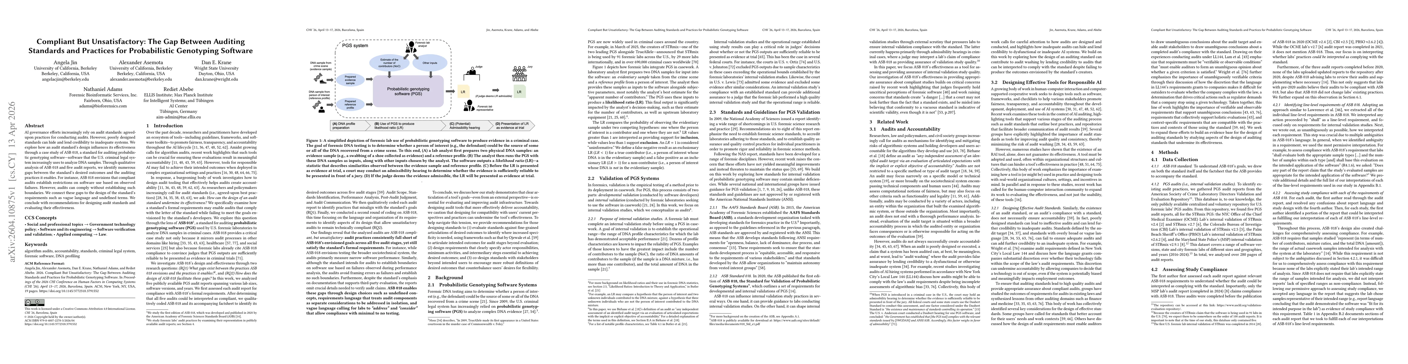 Thumbnail for Compliant But Unsatisfactory: The Gap Between Auditing Standards and Practices for Probabilistic Genotyping Software