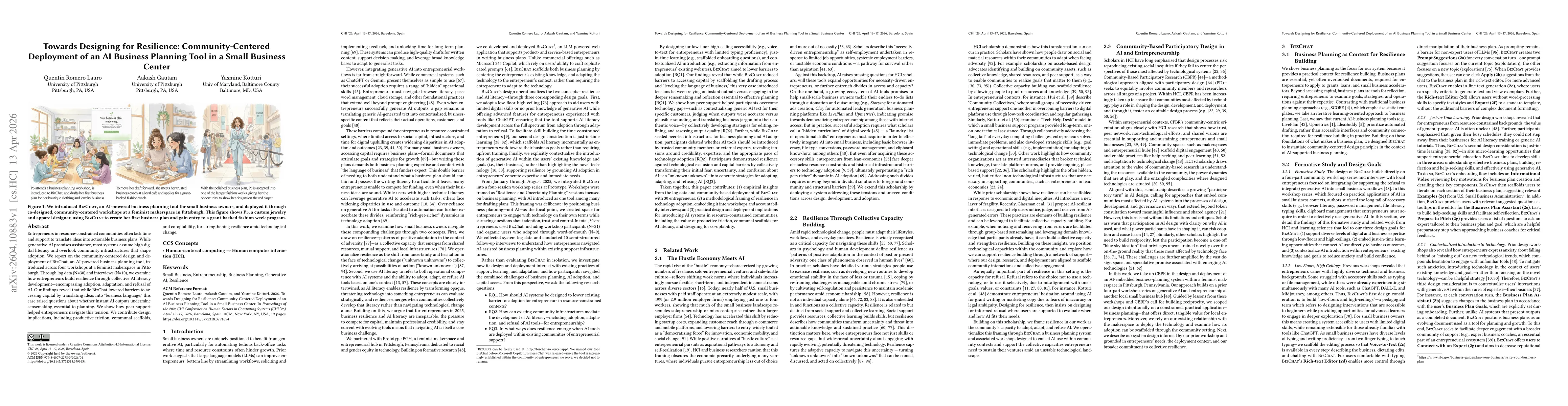 Thumbnail for Towards Designing for Resilience: Community-Centered Deployment of an AI Business Planning Tool in a Small Business Center