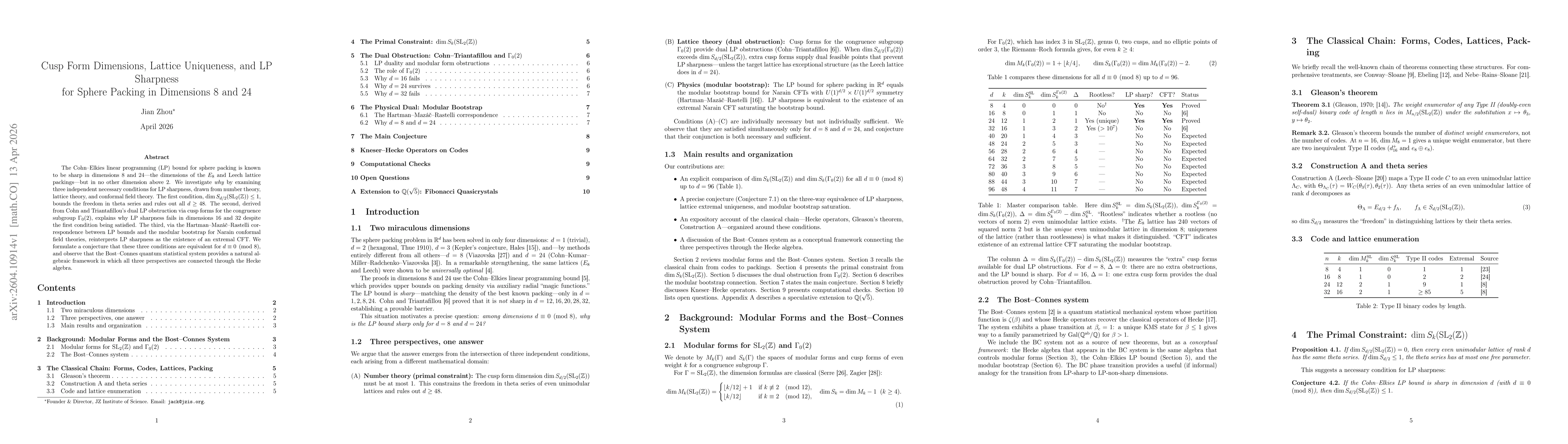 Thumbnail for Cusp Form Dimensions, Lattice Uniqueness, and LP Sharpness for Sphere Packing in Dimensions 8 and 24