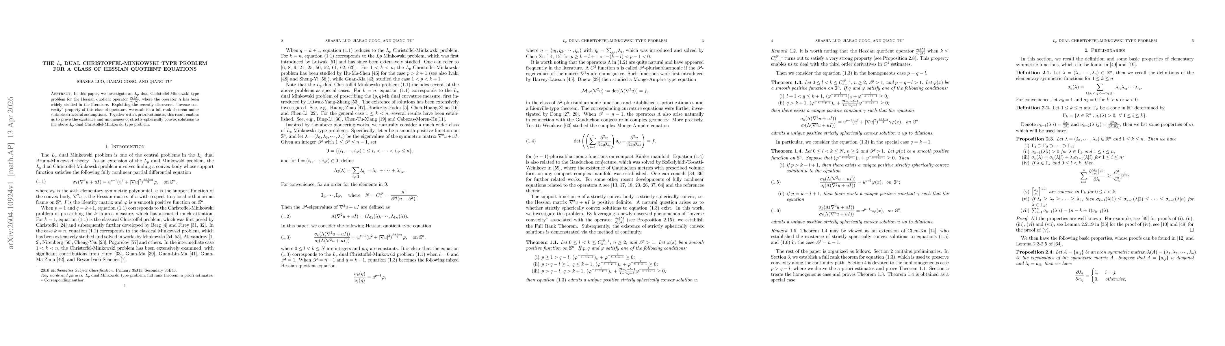 Thumbnail for The $L_p$ dual Christoffel-Minkowski type problem for a class of Hessian quotient equations