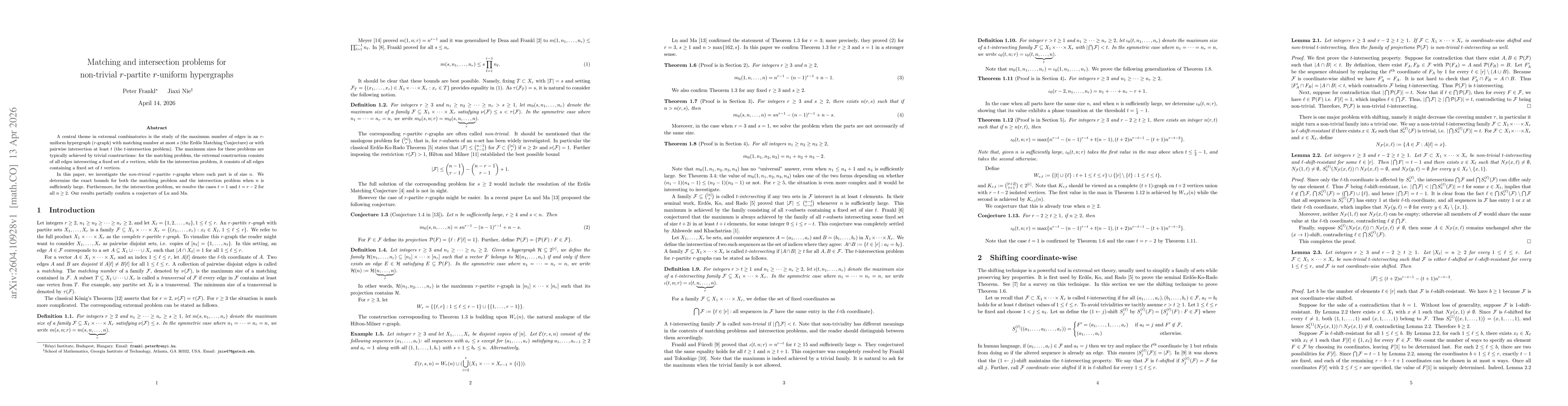 Thumbnail for Matching and intersection problems for non-trivial $r$-partite $r$-uniform hypergraphs