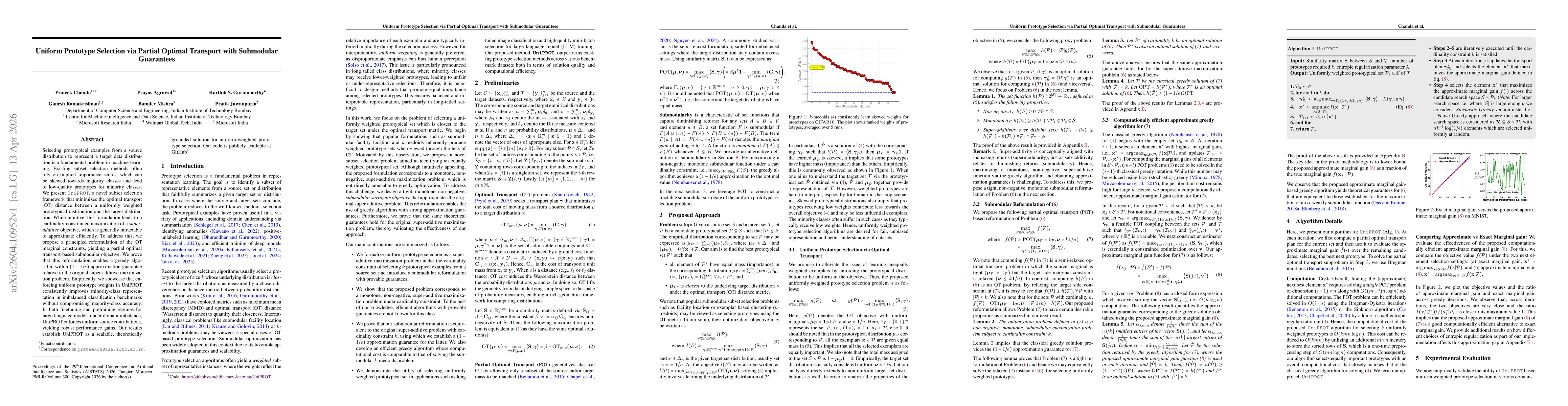 Thumbnail for UniPROT: Uniform Prototype Selection via Partial Optimal Transport with Submodular Guarantees