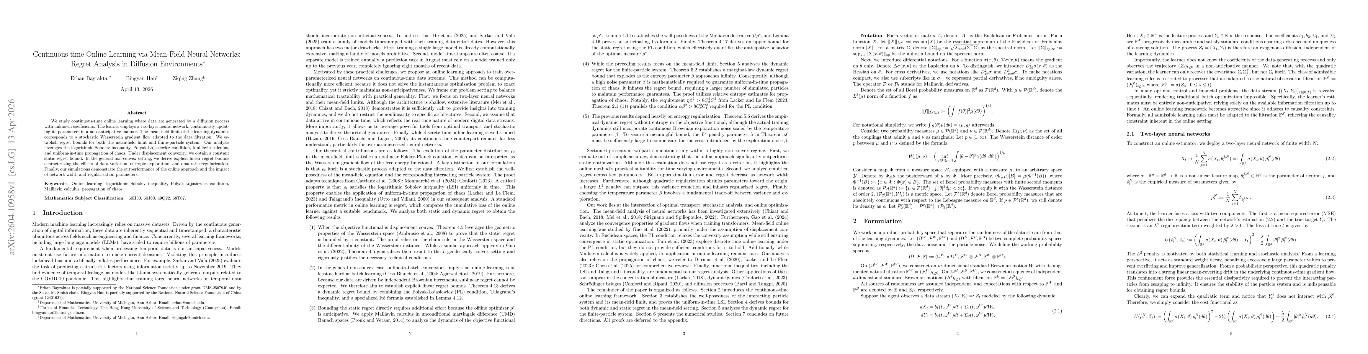 Thumbnail for Continuous-time Online Learning via Mean-Field Neural Networks: Regret Analysis in Diffusion Environments