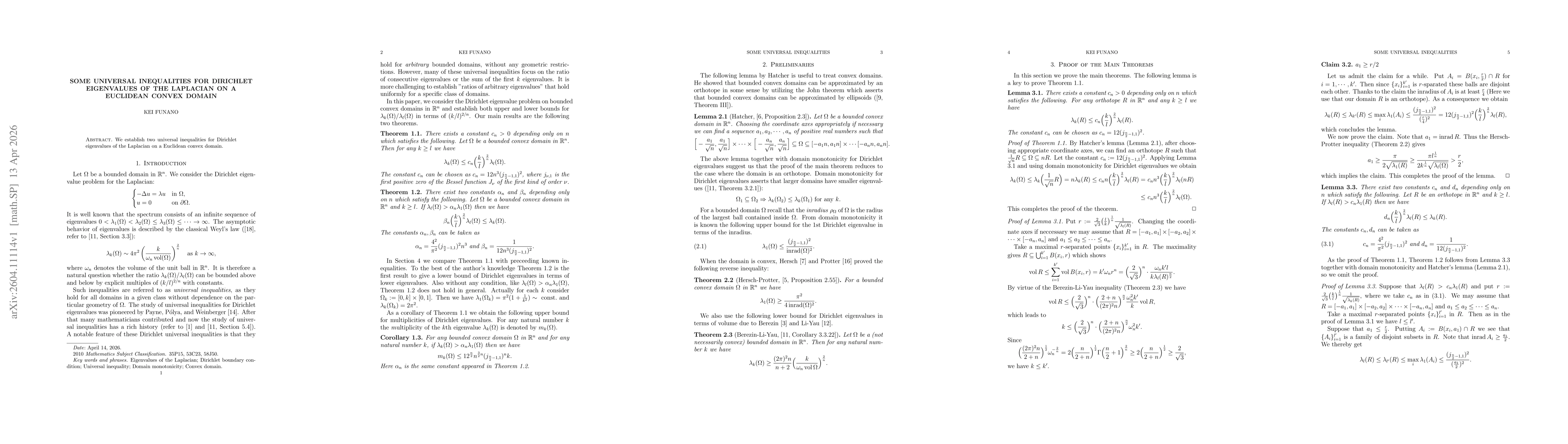Thumbnail for Some universal inequalities for Dirichlet eigenvalues of the Laplacian on a Euclidean convex domain
