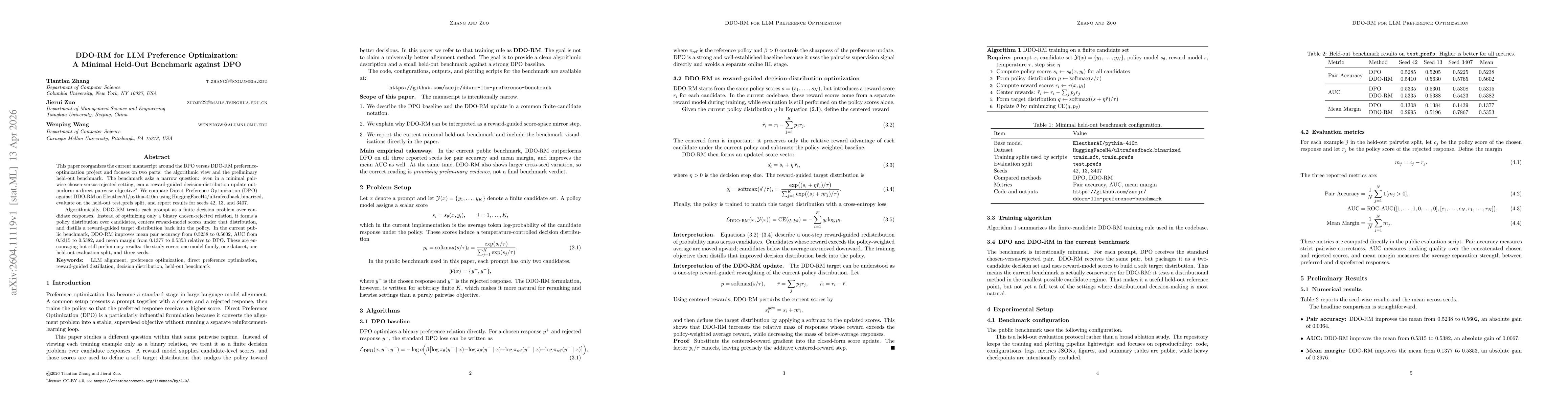 Thumbnail for DDO-RM for LLM Preference Optimization: A Minimal Held-Out Benchmark against DPO