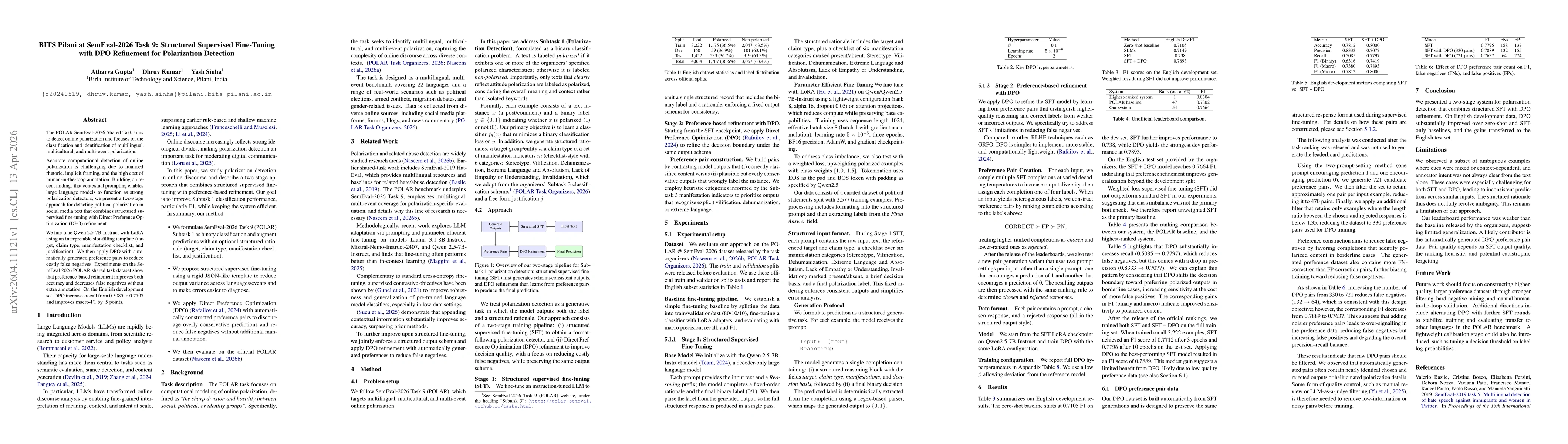 Thumbnail for BITS Pilani at SemEval-2026 Task 9: Structured Supervised Fine-Tuning with DPO Refinement for Polarization Detection