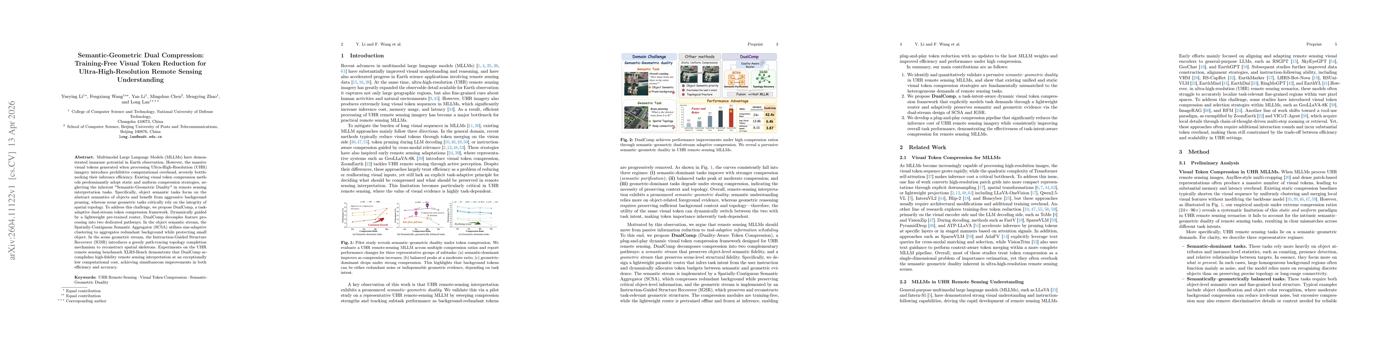 Thumbnail for Semantic-Geometric Dual Compression: Training-Free Visual Token Reduction for Ultra-High-Resolution Remote Sensing Understanding