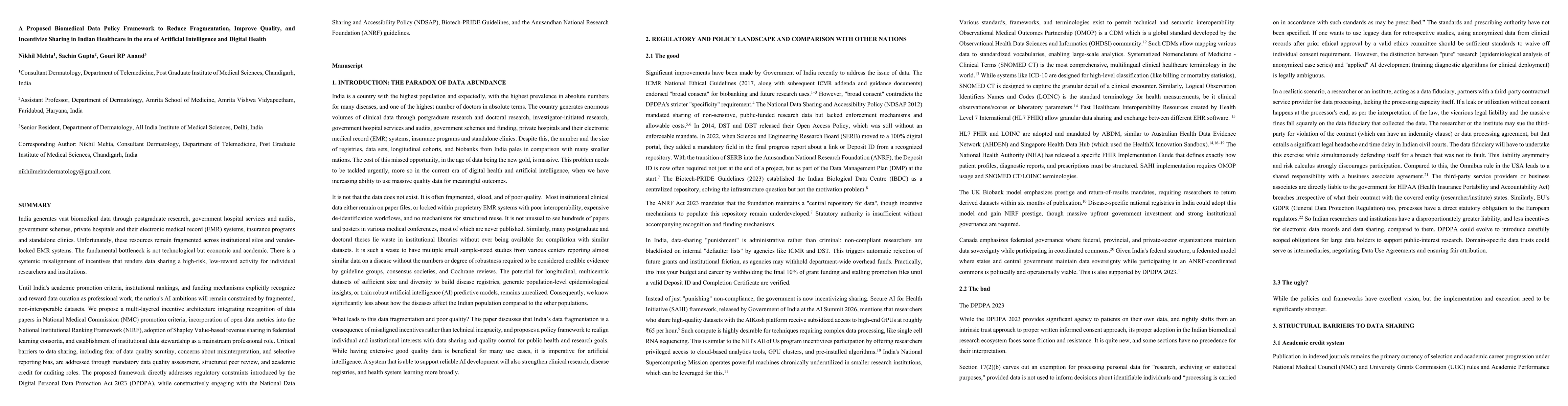 Thumbnail for A Proposed Biomedical Data Policy Framework to Reduce Fragmentation, Improve Quality, and Incentivize Sharing in Indian Healthcare in the era of Artificial Intelligence and Digital Health