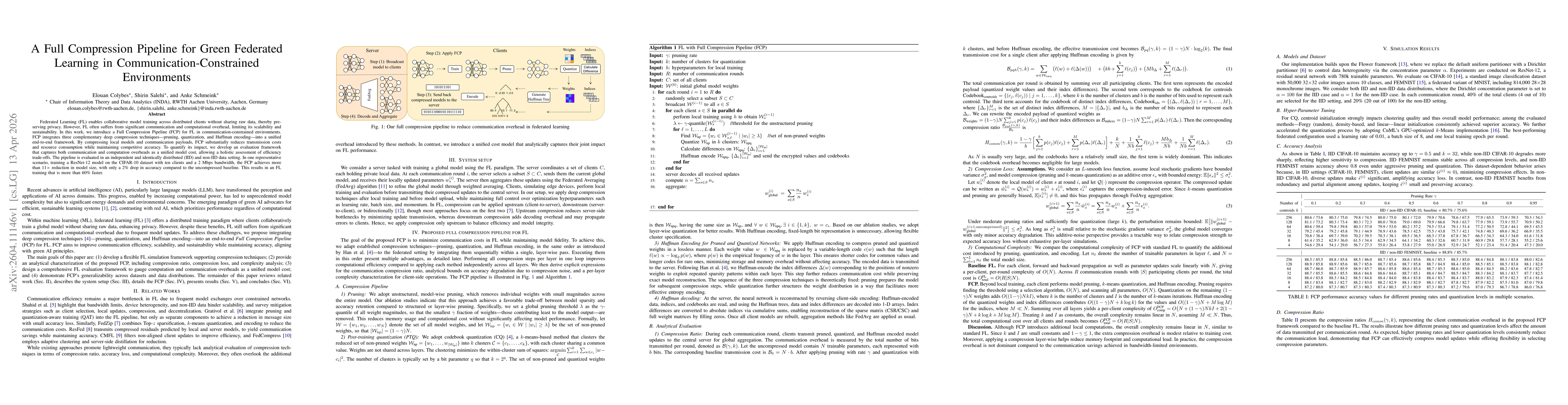 Thumbnail for A Full Compression Pipeline for Green Federated Learning in Communication-Constrained Environments