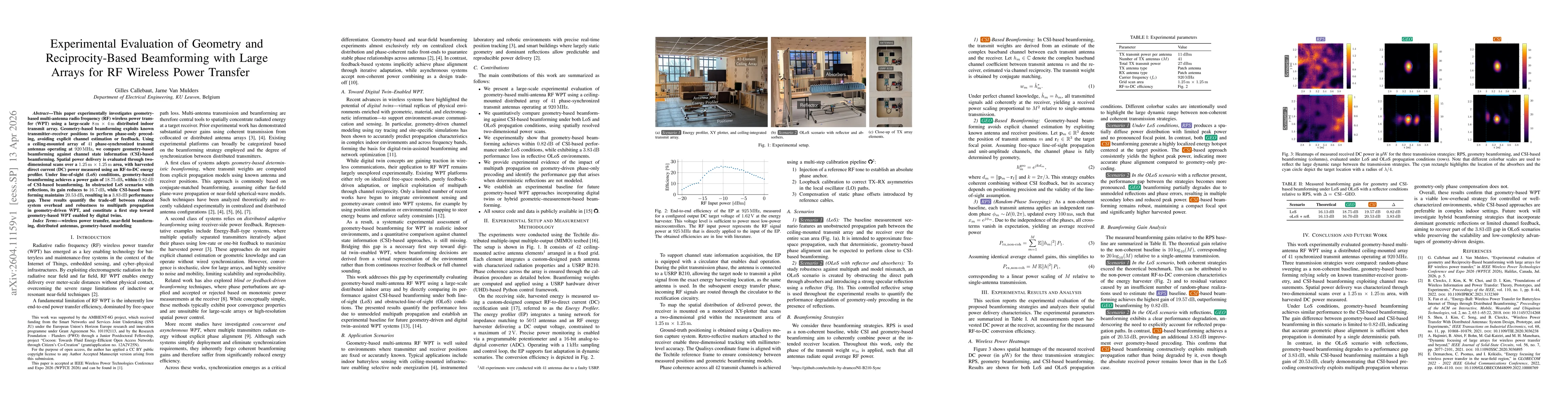 Thumbnail for Experimental Evaluation of Geometry and Reciprocity-Based Beamforming with Large Arrays for RF Wireless Power Transfer