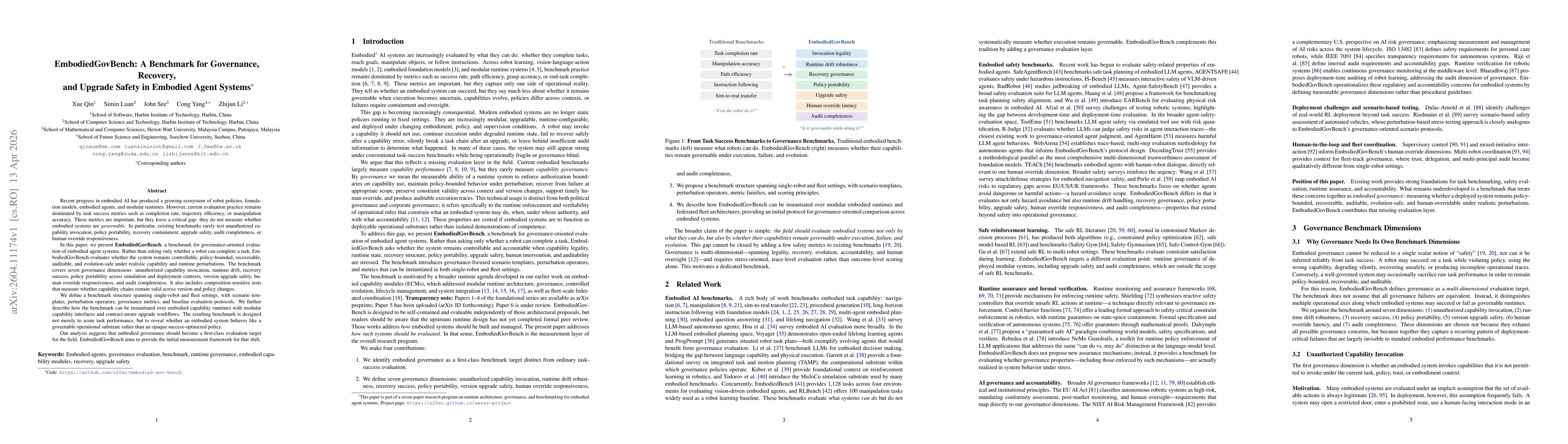 Thumbnail for EmbodiedGovBench: A Benchmark for Governance, Recovery, and Upgrade Safety in Embodied Agent Systems