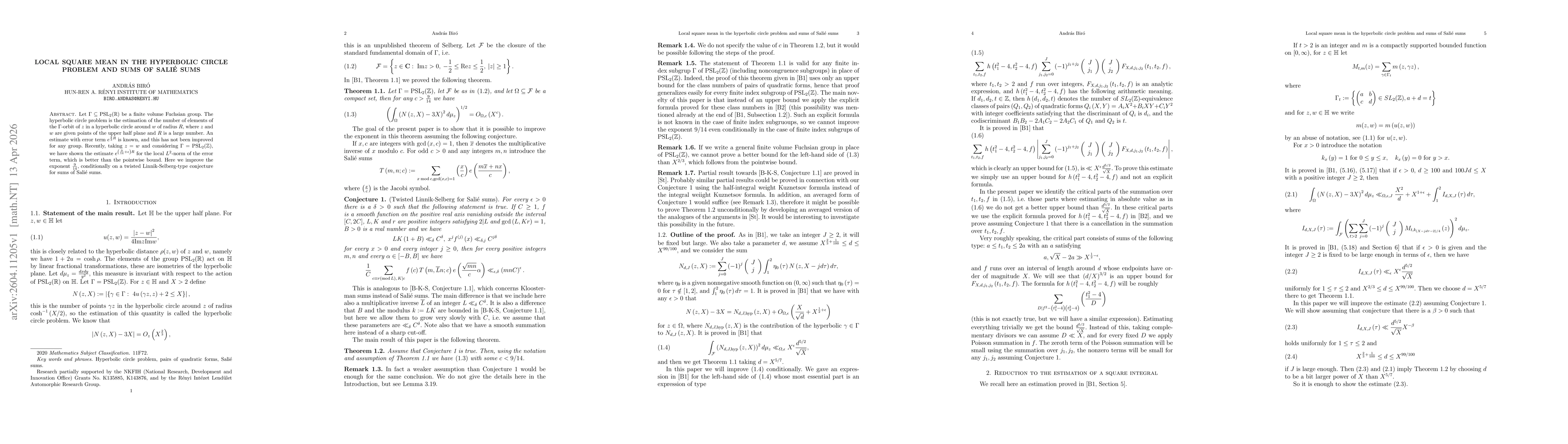 Thumbnail for Local square mean in the hyperbolic circle problem and sums of Salié sums