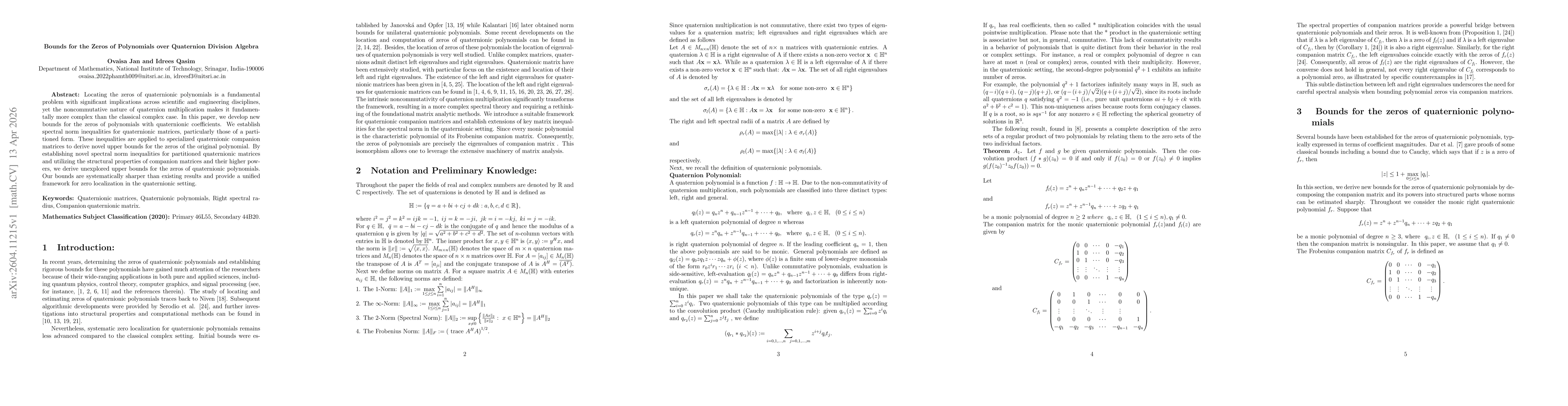 Thumbnail for Bounds for the Zeros of Polynomials over Quaternion Division Algebra