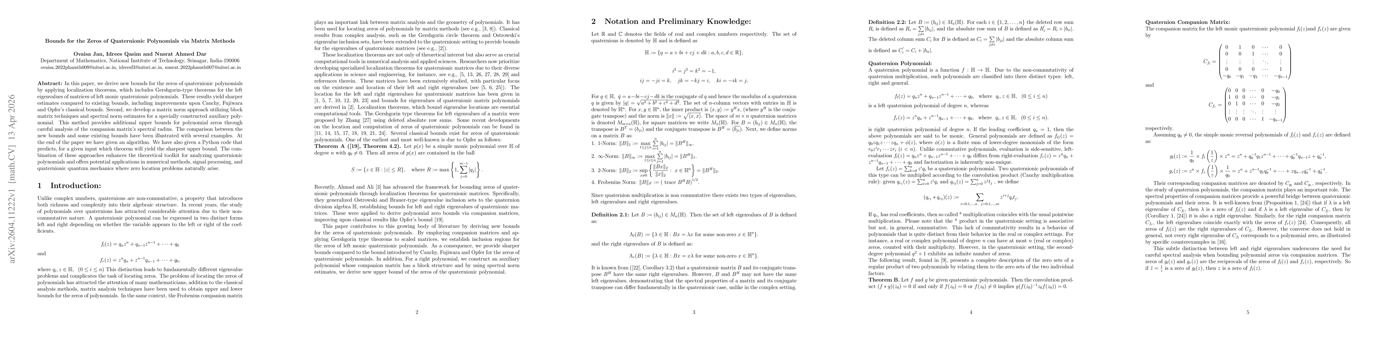 Thumbnail for Bounds for the Zeros of Quaternionic Polynomials via Matrix Methods