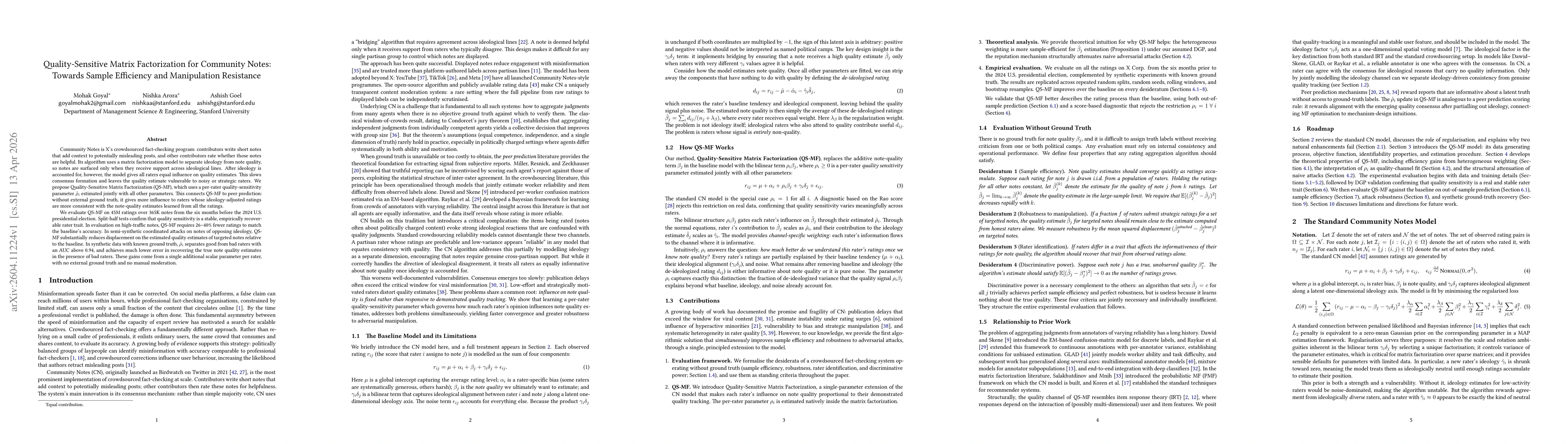 Thumbnail for Quality-Sensitive Matrix Factorization for Community Notes: Towards Sample Efficiency and Manipulation Resistance