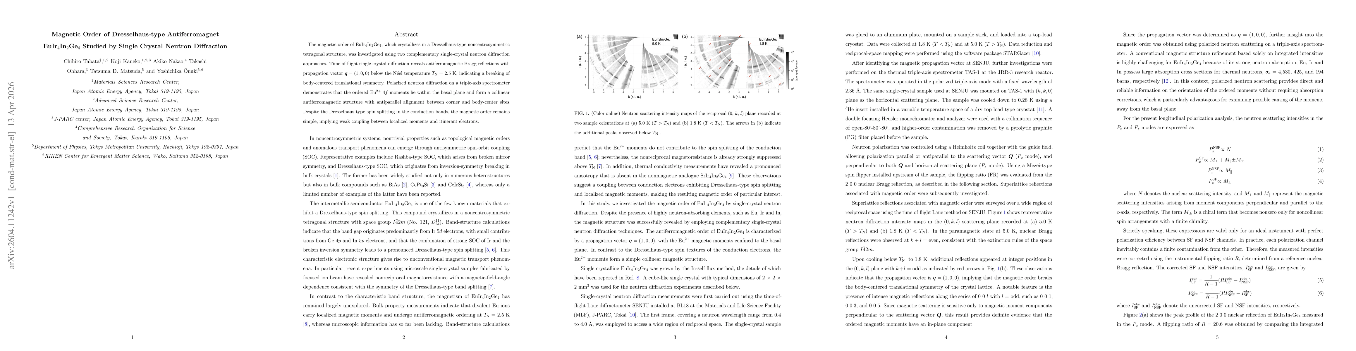 Thumbnail for Magnetic Order of Dresselhaus-type Antiferromagnet EuIr$_4$In$_2$Ge$_4$ Studied by Single Crystal Neutron Diffraction