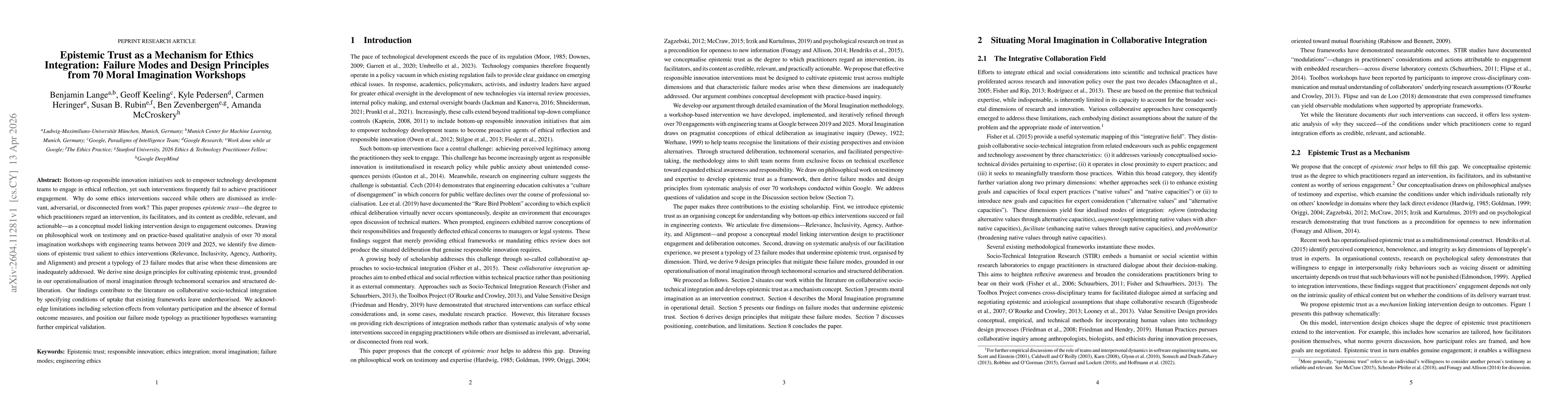 Thumbnail for Epistemic Trust as a Mechanism for Ethics Integration: Failure Modes and Design Principles from 70 Moral Imagination Workshops