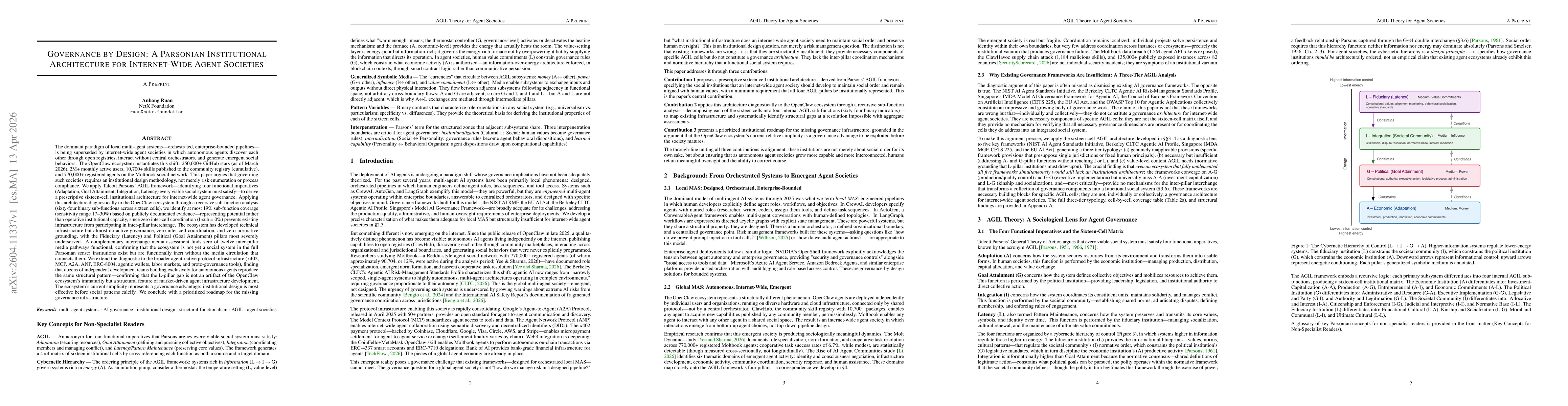 Thumbnail for Governance by Design: A Parsonian Institutional Architecture for Internet-Wide Agent Societies