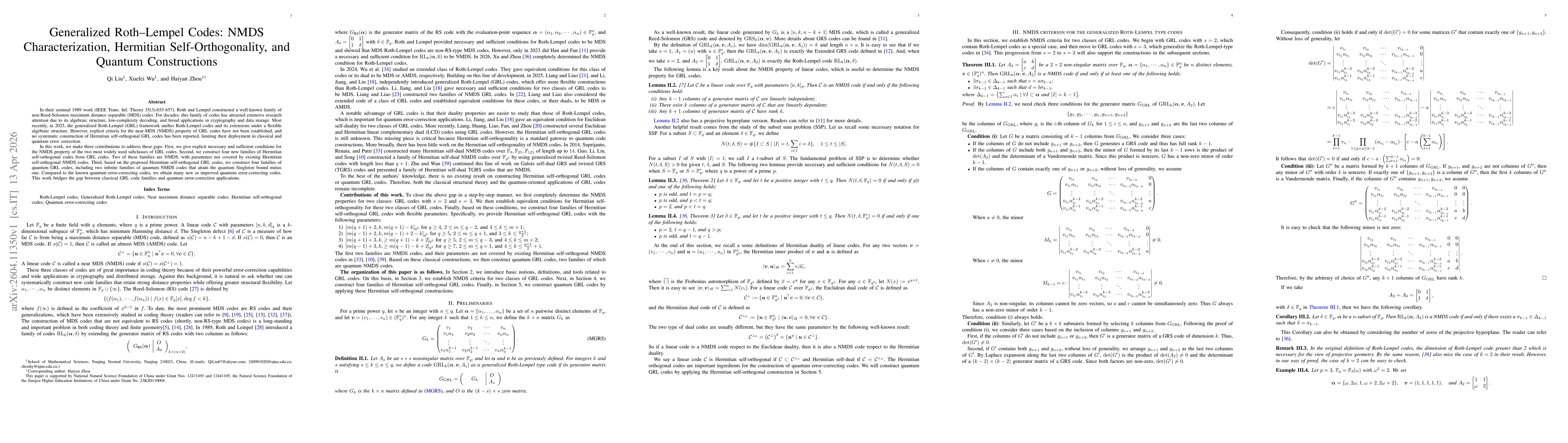 Thumbnail for Generalized Roth--Lempel Codes: NMDS Characterization, Hermitian Self-Orthogonality, and Quantum Constructions