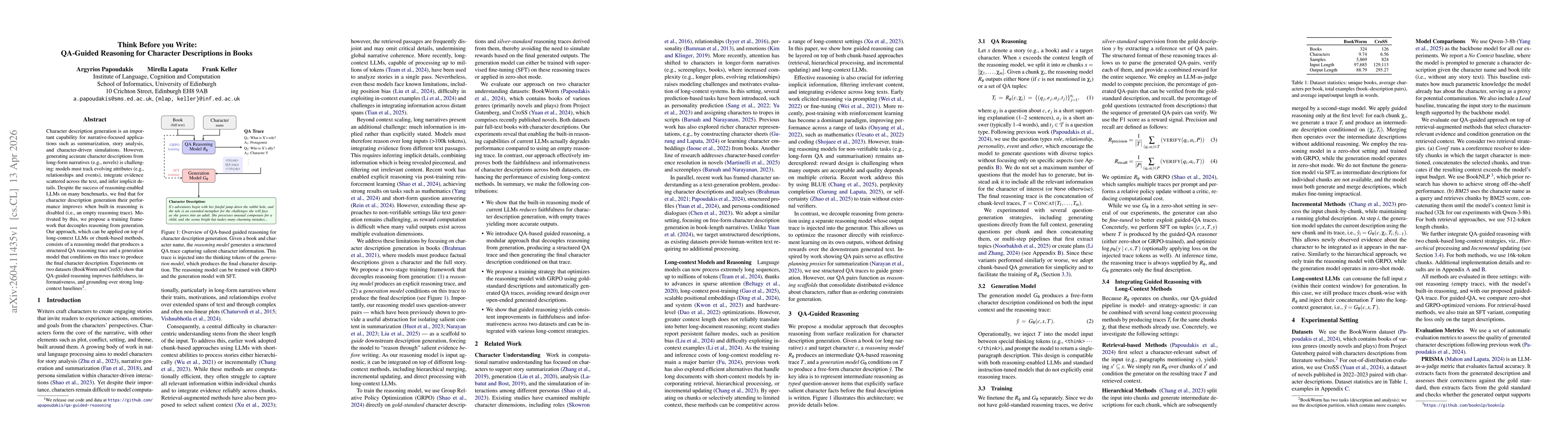 Thumbnail for Think Before you Write: QA-Guided Reasoning for Character Descriptions in Books