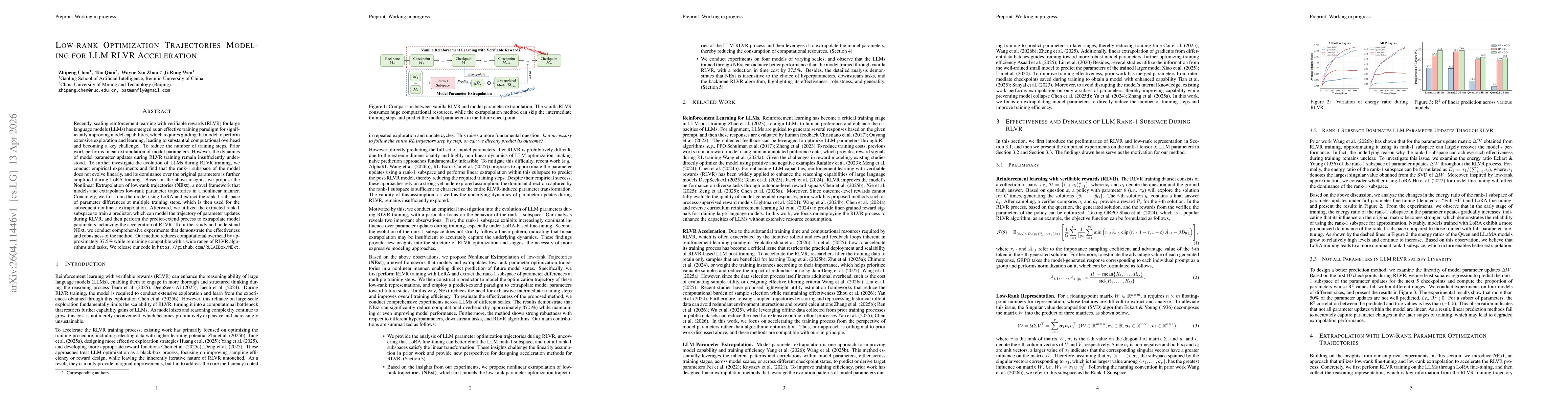 Thumbnail for Low-rank Optimization Trajectories Modeling for LLM RLVR Acceleration